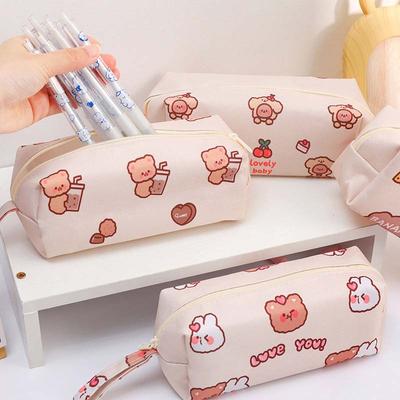 Canvas Pencil Case Large Capacity Pencil Bag Cute Bear Stationery Organizer