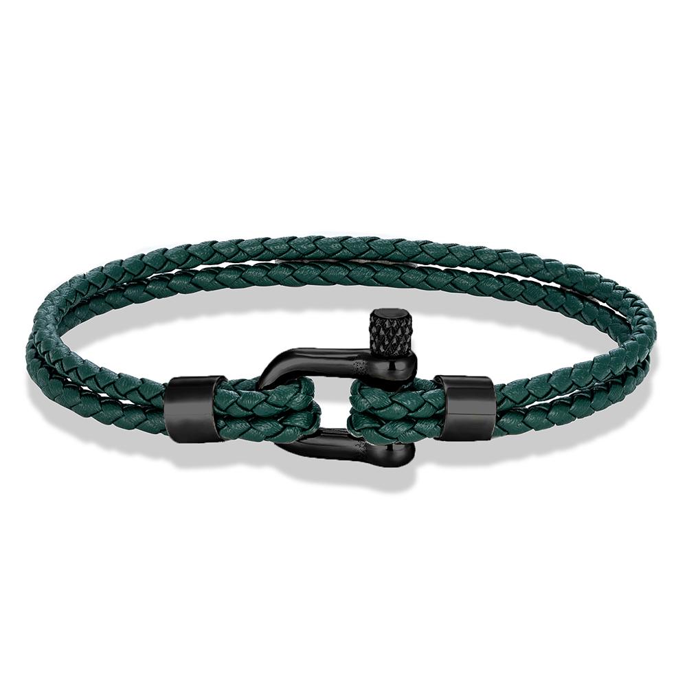 MKENDN Black Stainless Steel Shackle Bracelet Double Layer Blue Leather Handmade Nautical Jewelry for Men Women
