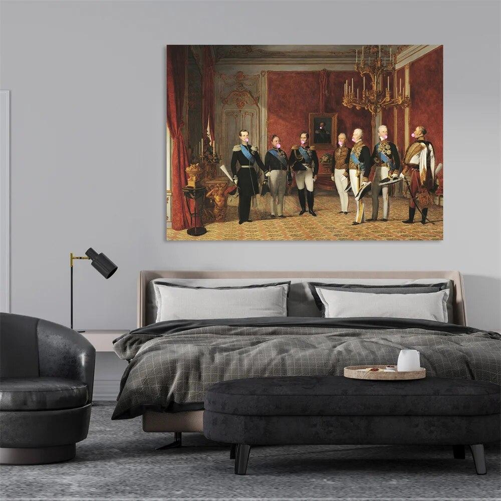 Póster de retrato de arte alterado vintage divertido con impresiones de Princes Pink Bubble Gums, pintura en lienzo barroca oscura, decoración de pared rococó