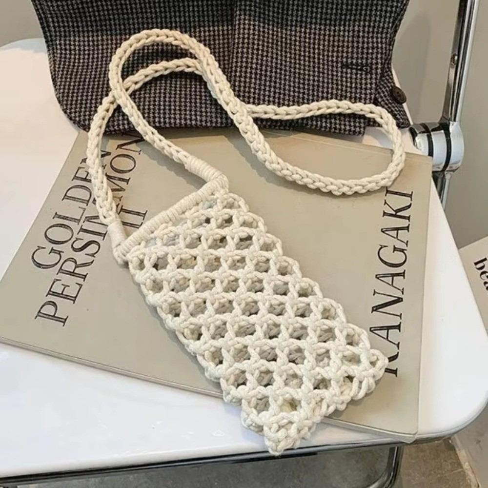 New Portable Crossbody Phone Bag Hollow-out Woven Solid Color Phone Purse Crochet Lightweight Handbag Gifts