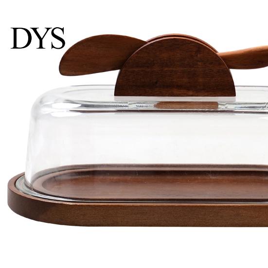Glass Butter Keeper with Wood Base Wooden Dish Lid And Knife, Holder for Kitchen Modern Case Breakfast Countertop & Refrigerator, Tray, Container,