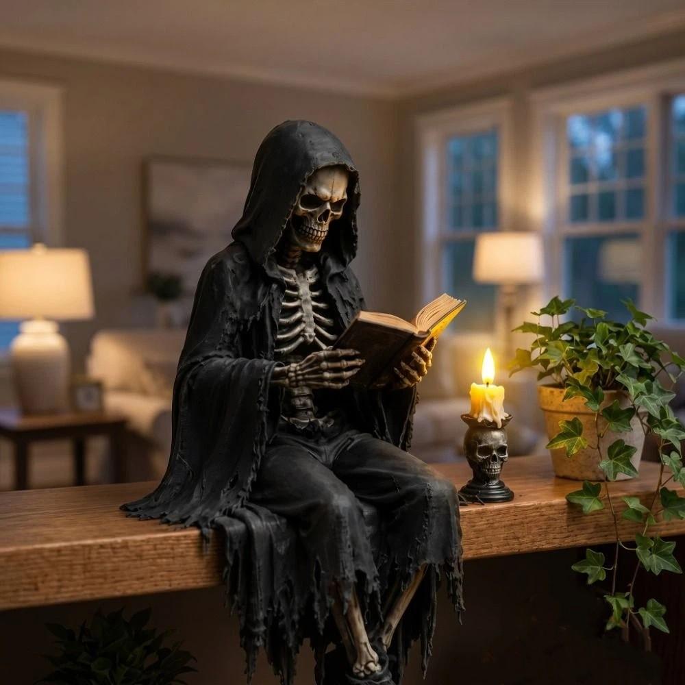Decoratie Leesmannen Beeld Tovenaar Zittende Man Beeldje Skelet Figuurtje Halloween Decoratie