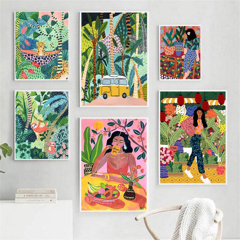 Tropical Colorful Girl Car Flower Koala Leopard Wall Art Malba na plátně Plakáty a obrazy Nástěnné obrazy pro dekoraci obývacího pokoje Bez rámu