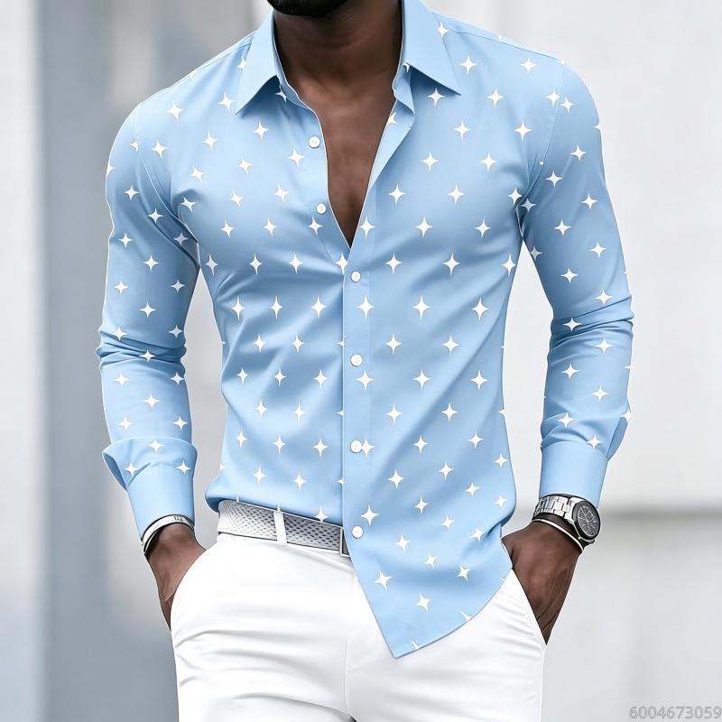Men's Collared Long-sleeved Shirt, Classic Black Base with White Star Print, Slim Fit, Suitable for Commuting and Going Out.