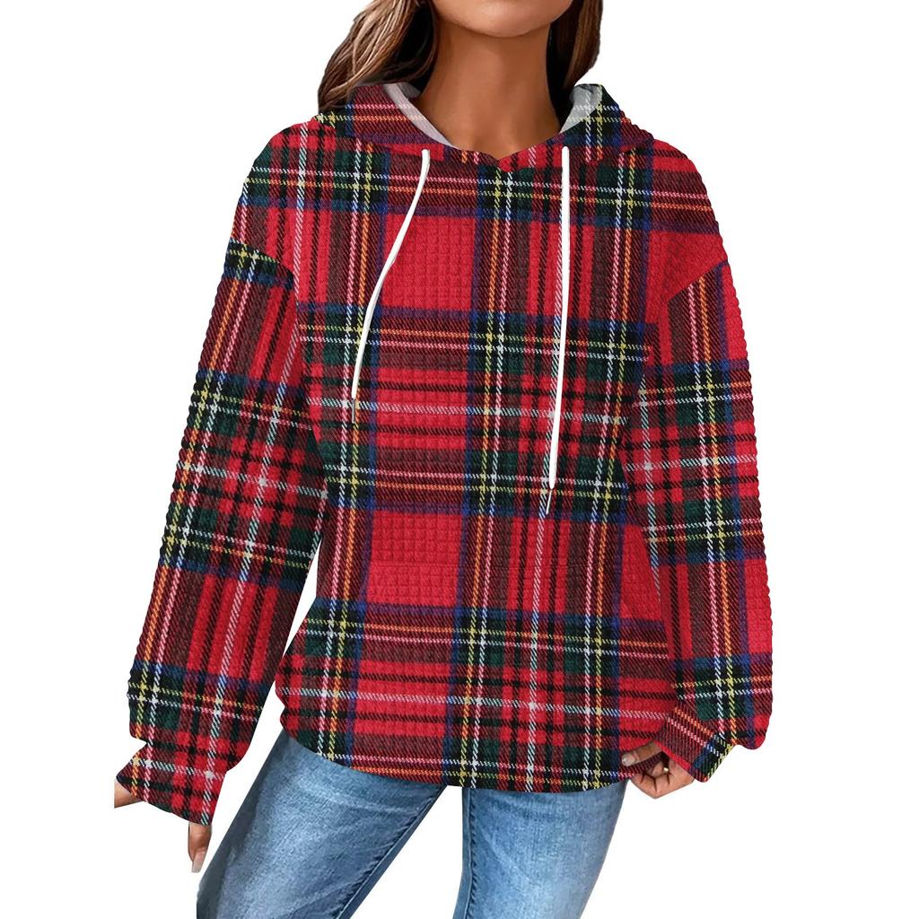 Women's Fashion Loose Hooded Pullover Long Sleeve Plaid Sweatshirt with Drawstring Drop Shoulder and Pocket Print Top