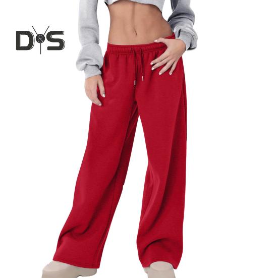 Women Sport Pants Mid-rise Elastic Waist Adjustable Drawstring Long Trousers Solid Color Wide Leg Autumn Winter Velvet Lining Trousers