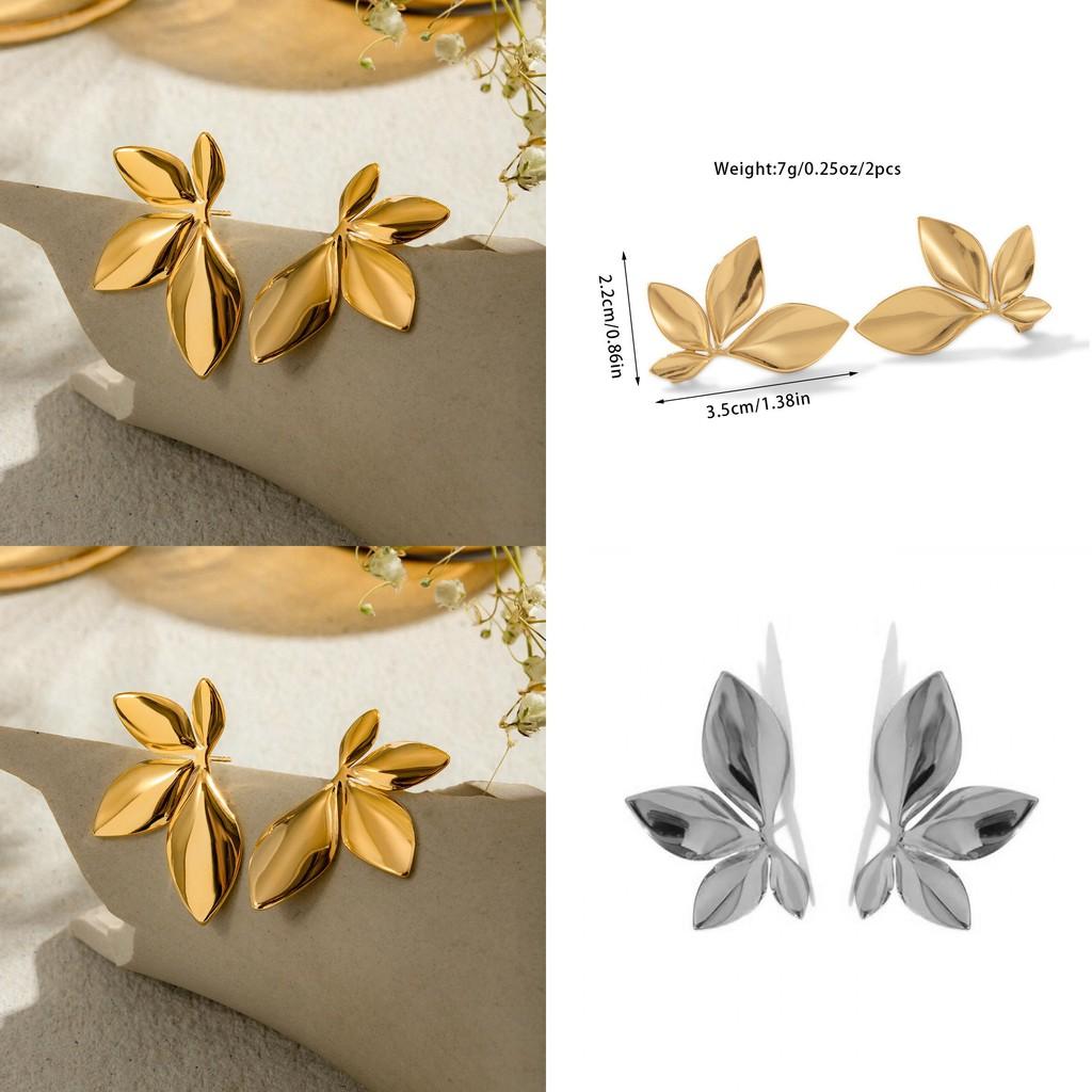 Chic Minimalist Flower And Leaf Stud Earrings In Gold And Silver For Women
