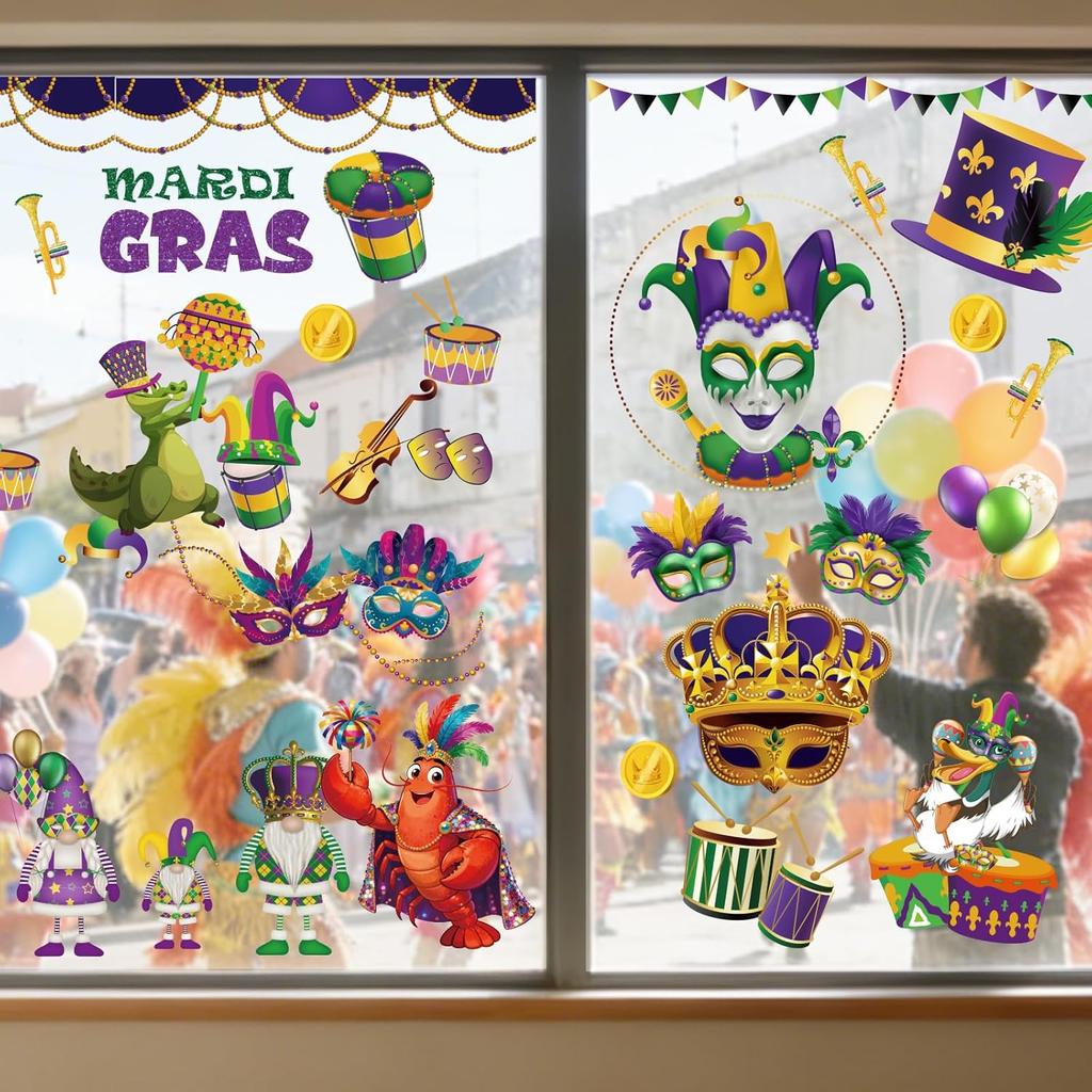 9 Sheet Mardi Gras Window Clings Mardi Gras Party Decorations Carnival Mask Fat Tuesday Lobster Reble Window Stickers Double-Sided for Masquerade