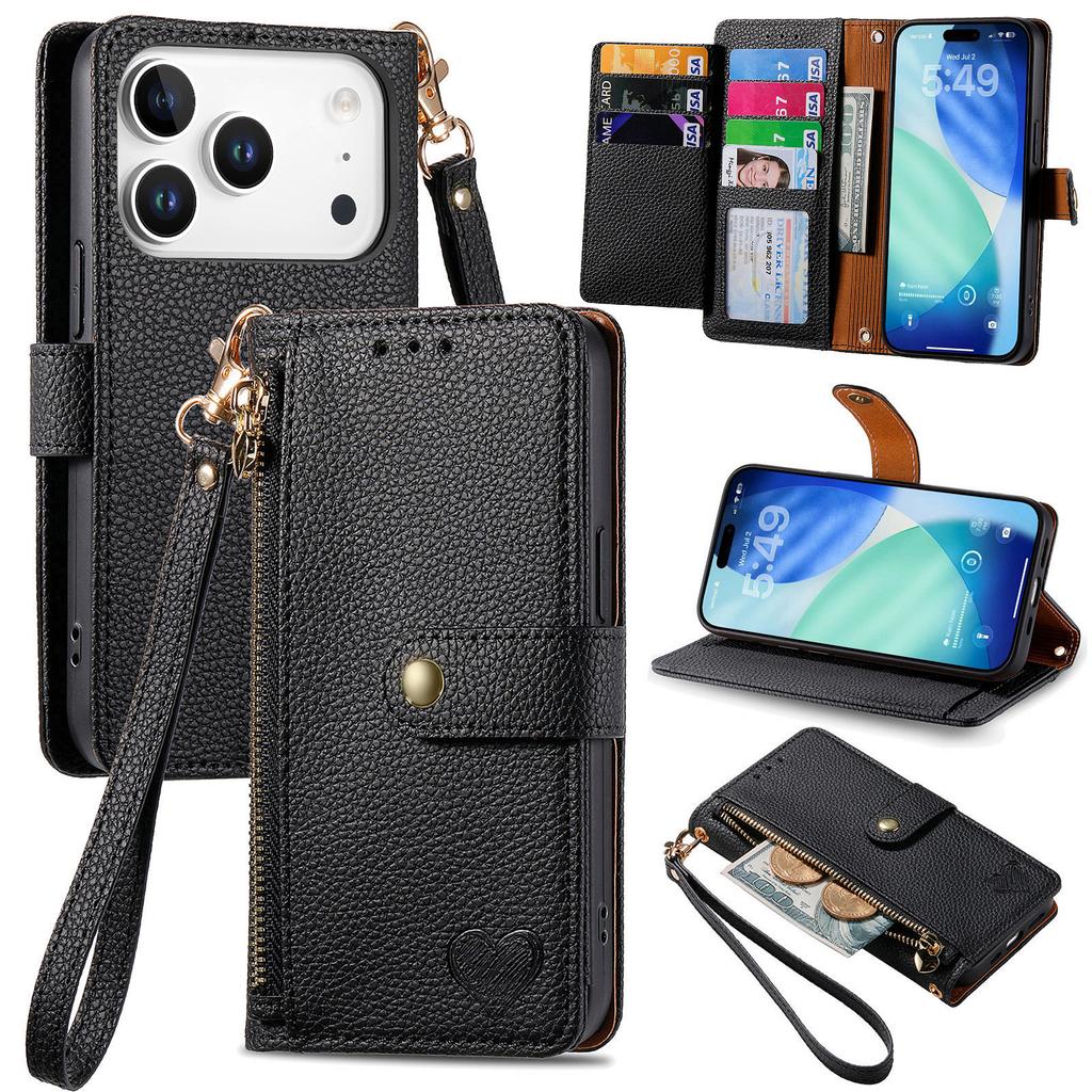 For iPhone 17 Pro Case RFID Blocking Zipper Pocket Leather Wallet Phone Cover with Strap
