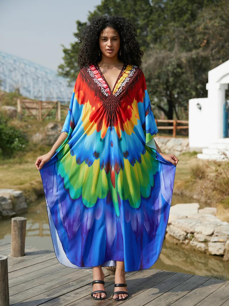 EDOLYNSA 2025 Elegant Print Plus Size Kaftan Women's Retro V-Neck Woven Batwing Sleeve Long Dress Sexy Beach Swimsuit Cover-up Q1634-8774-11