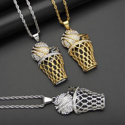 New Hip Hop Sports Trendy Jewelry Diamond Set Basketball Mesh Frame Necklace Pendant