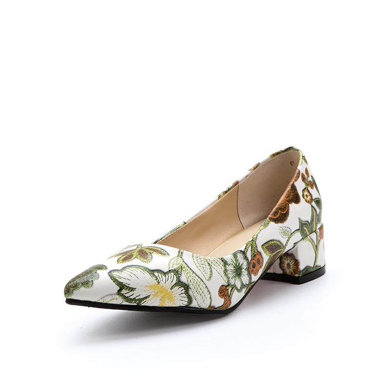 Elegant Flower Print Low Heels Shoes Woman Casual Shallow Party Pumps Female Short Heels Designer Loafer Shoes Large Size 45