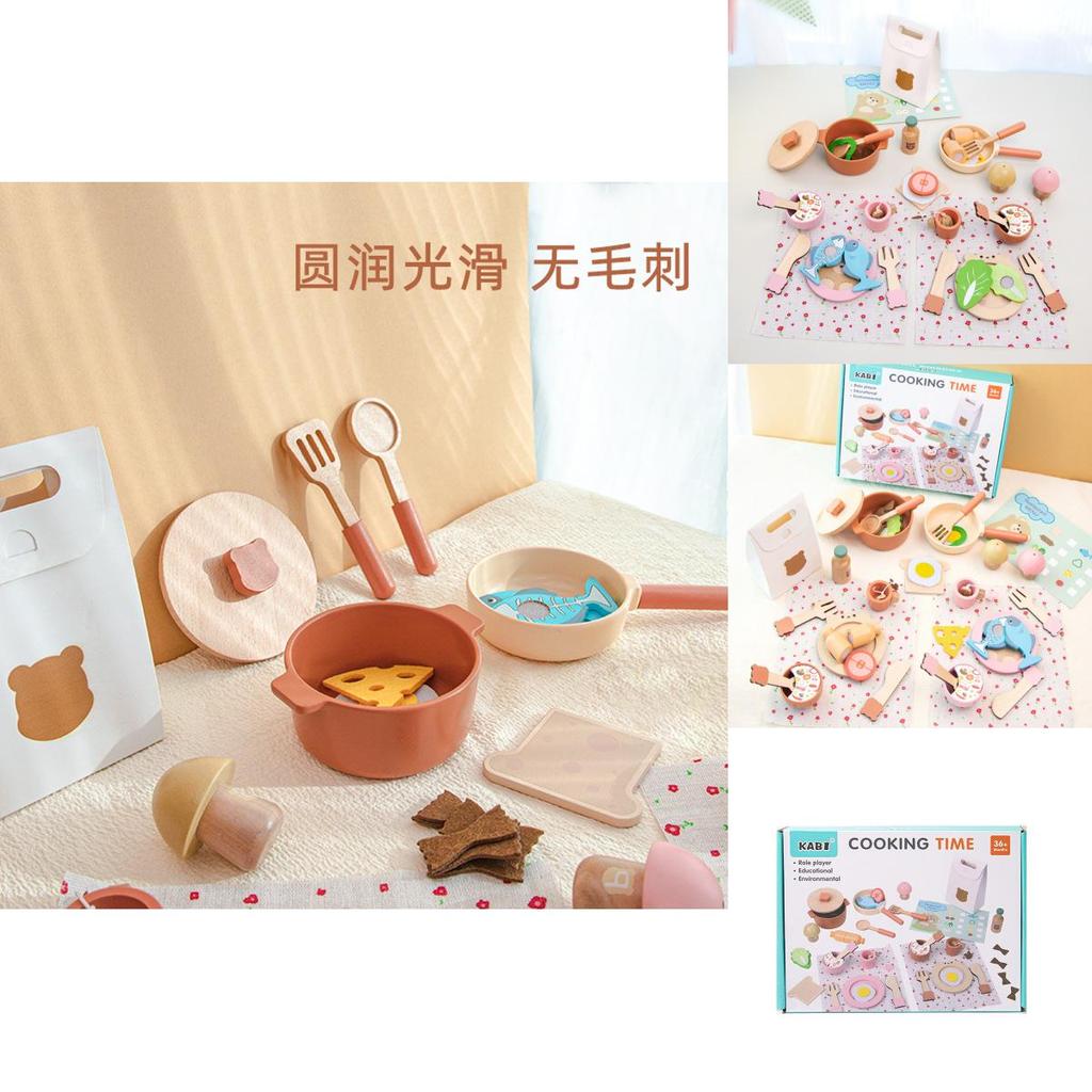 Wooden Kids Pretend Play Kitchen Set With Bear Cooking Toys For Girls And Babies