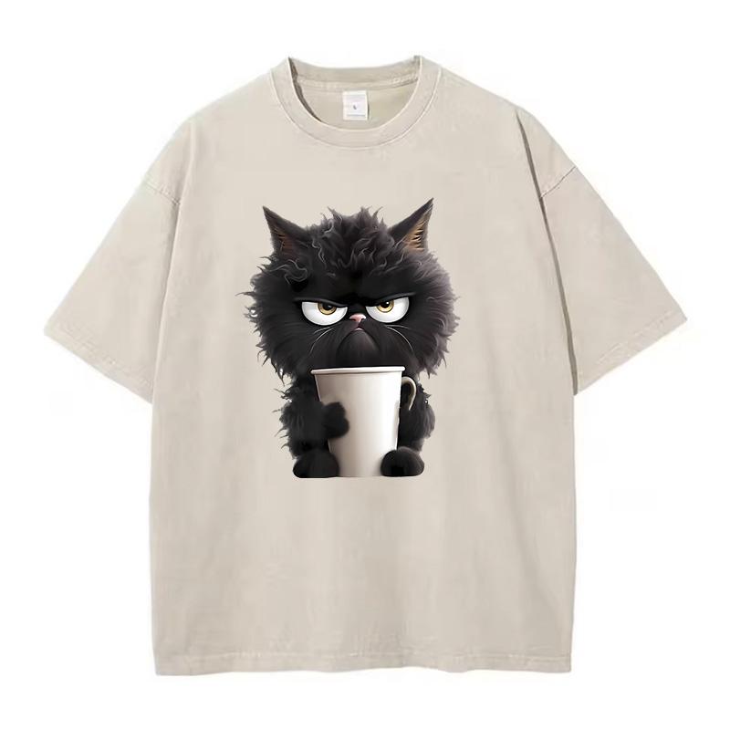T Shirt Vintage Coffee Cat Washed Cotton TShirt Graphic Tee Casual Streetwear Spring Summer