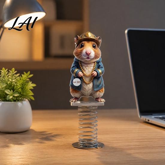 Vivid Pattern Car Ornament Cute Rat Dashboard Ornament Funny Animal Decoration with Gold Beads Chain 2D Dynamic Console Toy Flat Acrylic Hamster