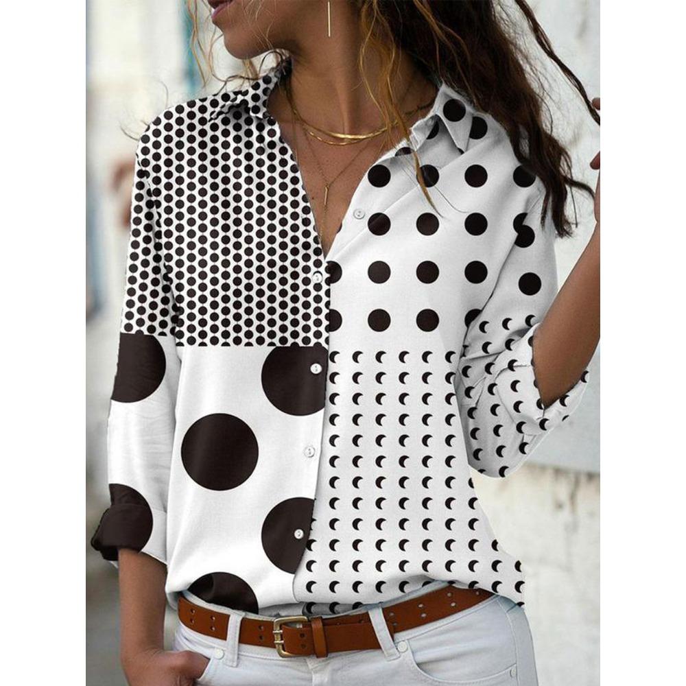 Summer Women's Shirt Flower Graphics Blouse Lapel Neck Blouse Women's Long Sleeve