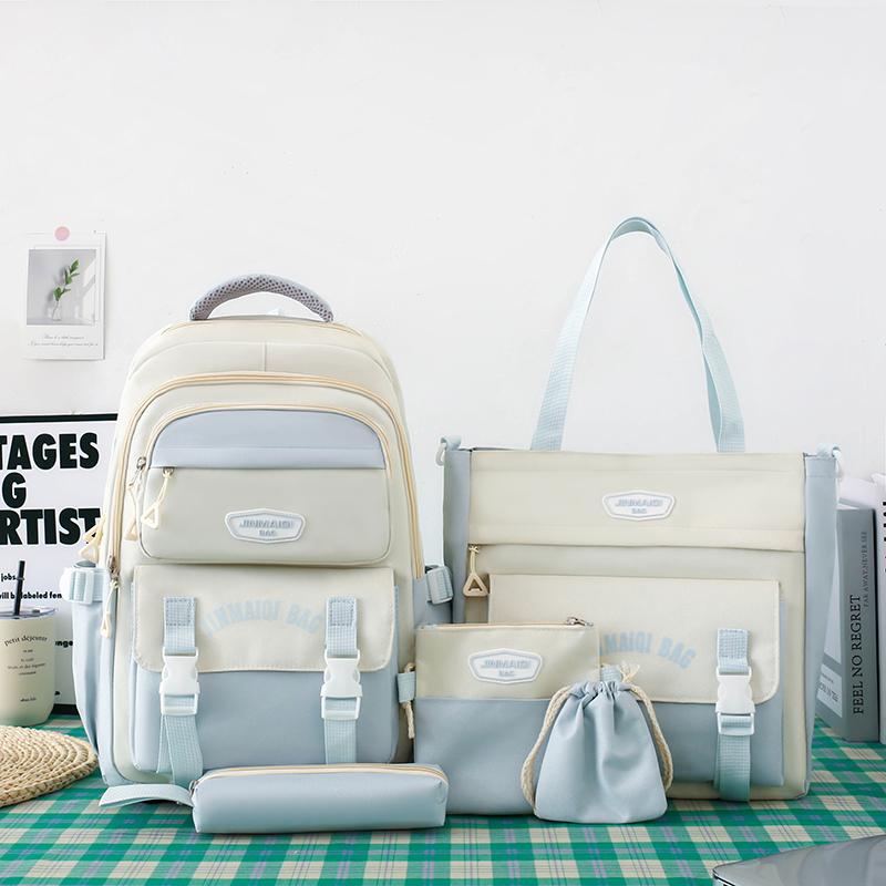 

Комплект из пяти рюкзаков для женщин, большая вместимость школьной сумки, цветной студенческий рюкзак синий