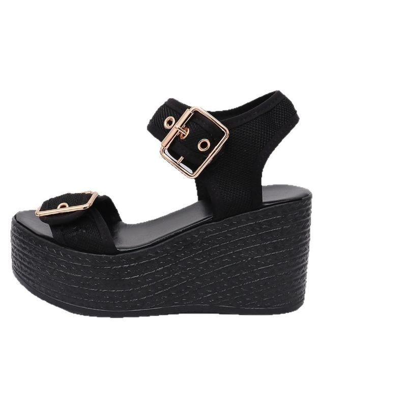 Summer New Slope with Fish Mouth Thick Bottom One Word Women's Sandals Belt Buckle Women's High Heels Sandals Women's Pumps