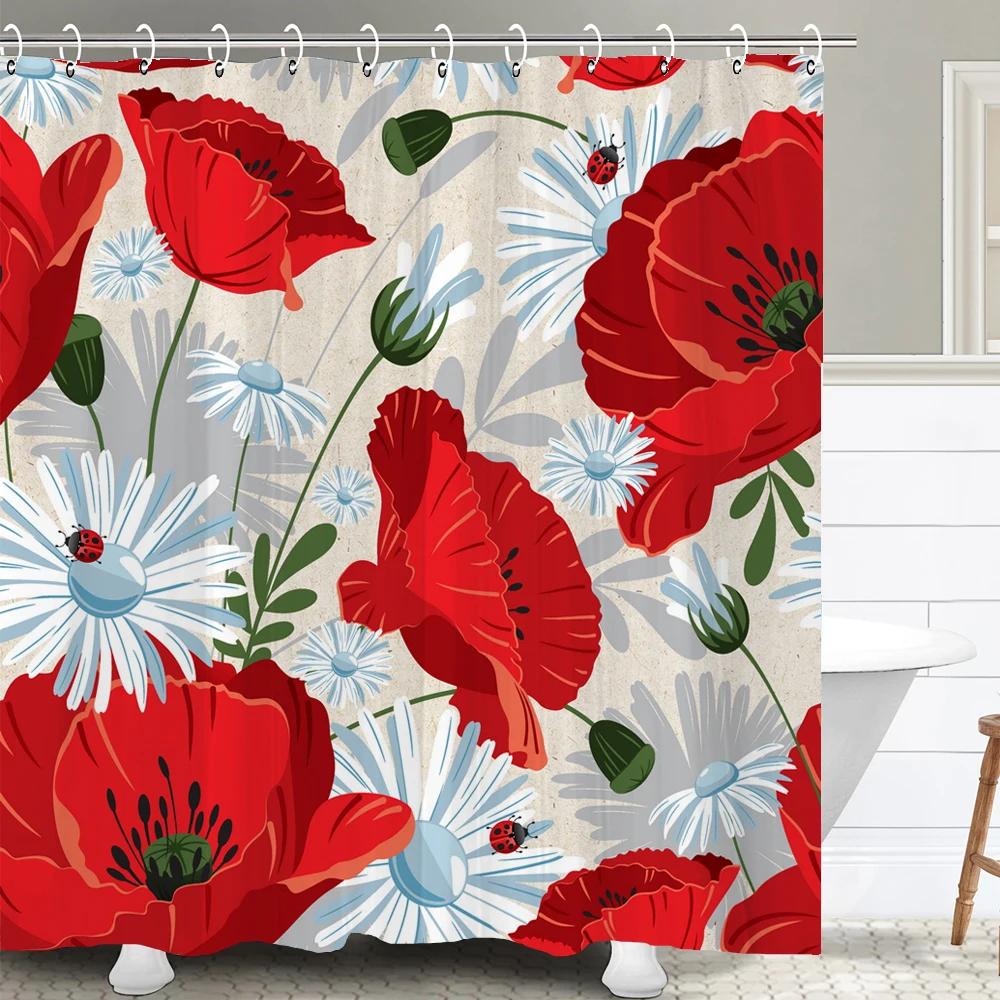 1 Pcs nordic beautiful flowers waterproof shower curtain, rose flower bathroom decoration curtain, with plastic hooks
