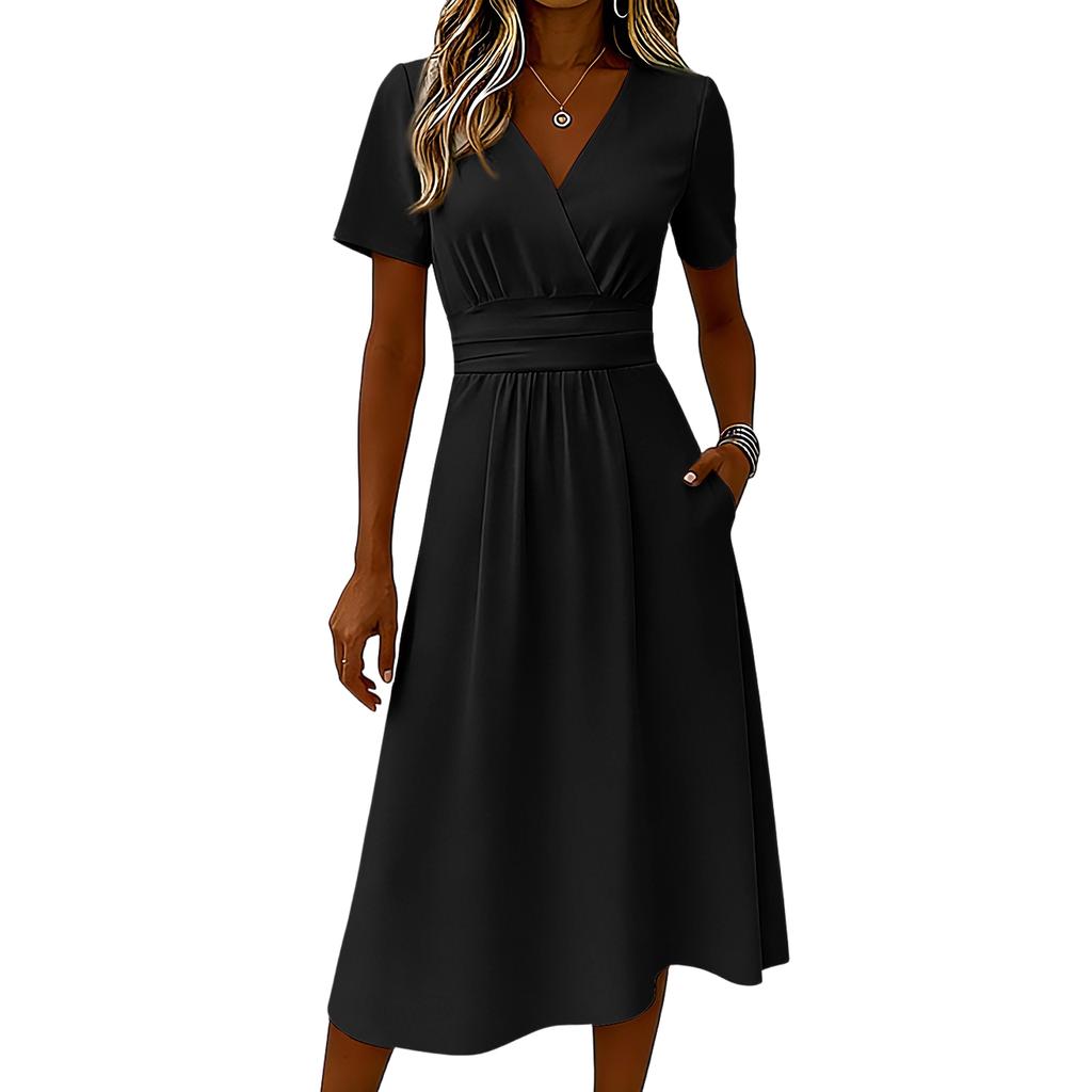 Dámské barevné ležérní módní šaty s krátkým rukávem a výstřihem do V