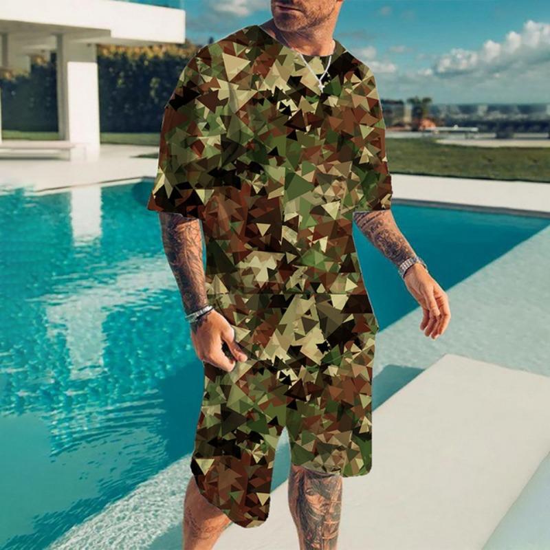 Summer Casual Breathable and Refreshing Sports Suit Oversized Men's Top Y2K Style 3D Printed Format Pattern Short Sleeve T-Shirt Man 2-Piece