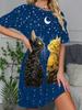 Cute Cat Print Casual Sleep Dress for Women  Starry Night Crew Neck. All-season Comfort
