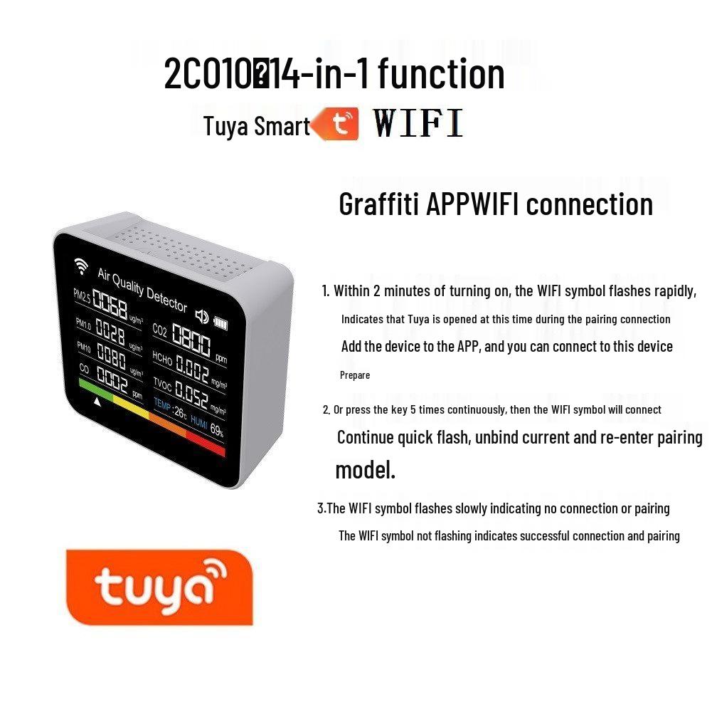 2Co10 14-in-1 Smart Air Detector with App & WiFi - Monitors CO2, CO, PM2.5, Formaldehyde, TVOC