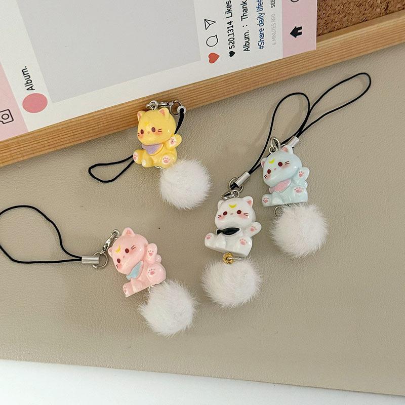 Cartoon Kitten Plush Ball Keychain Anti Lost Phone Charm Pendant Cellphone Chain Phone Lanyard Strap Women Girls