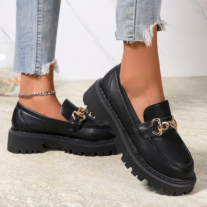 Women's Thick Heel Shoes Spring New Round Head Deep Mouth Metal Chain Thick Sole Anti-slip Wear-resistant Loafers