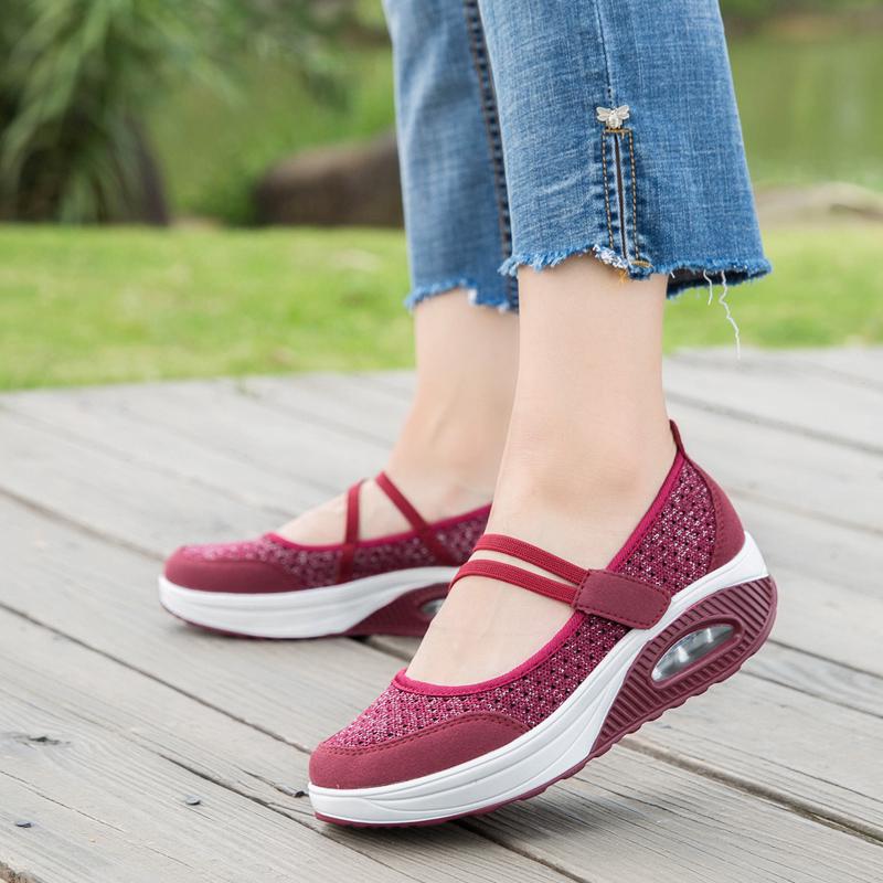 Women's Breathable Nurse Shoes Air Cushion Mesh Wedge Walking Shoes Hook & Loop Non-slip Lightweight Casual Footwear Thick Soled