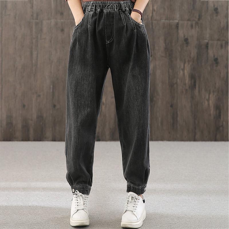 WTEMPO Plus Size Elastic Waist Women's Jeans Loose Wide Leg Straight Denim Big Pocket Trousers