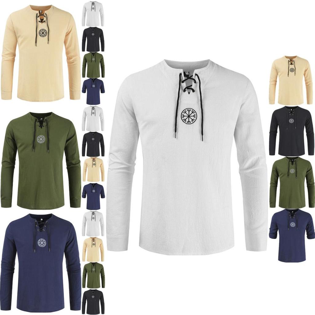 Stylish Medieval Men's Long Sleeve Lace Up Solid Color Retro Cosplay Costume T-shirt