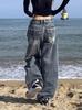 Women's Plus Size Retro Blue Distressed Wide-Leg High-Waist Jeans for Autumn/Winter