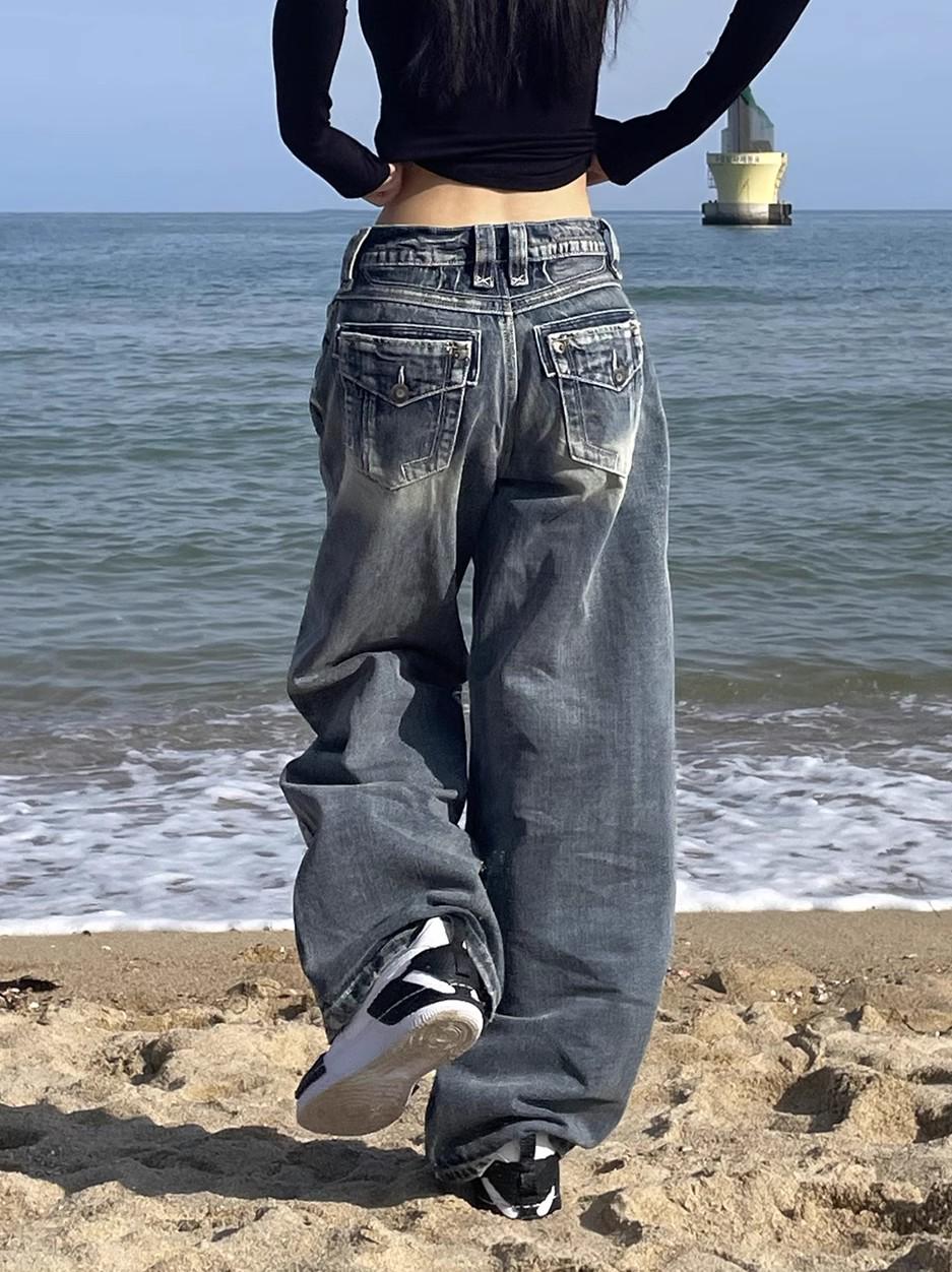 Women s Plus Size Retro Blue Distressed Wide-Leg High-Waist Jeans for Autumn/Winter XL