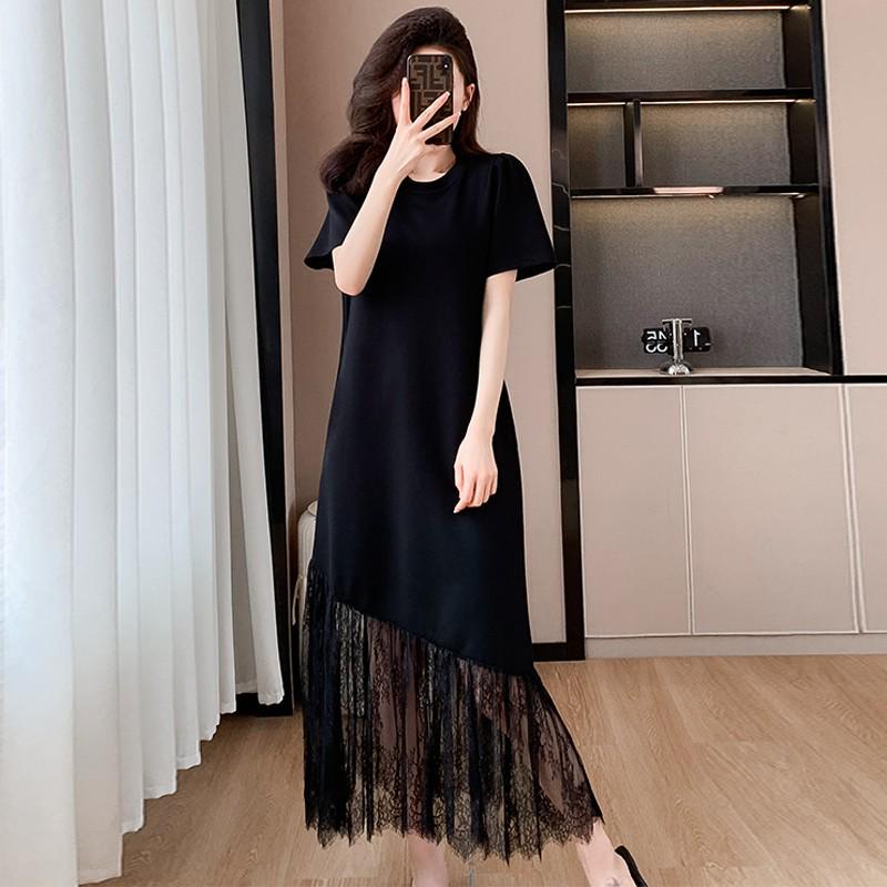 2024 French Designer Black Lace Patchwork Dress: Elegant, Slimming, Short-Sleeve