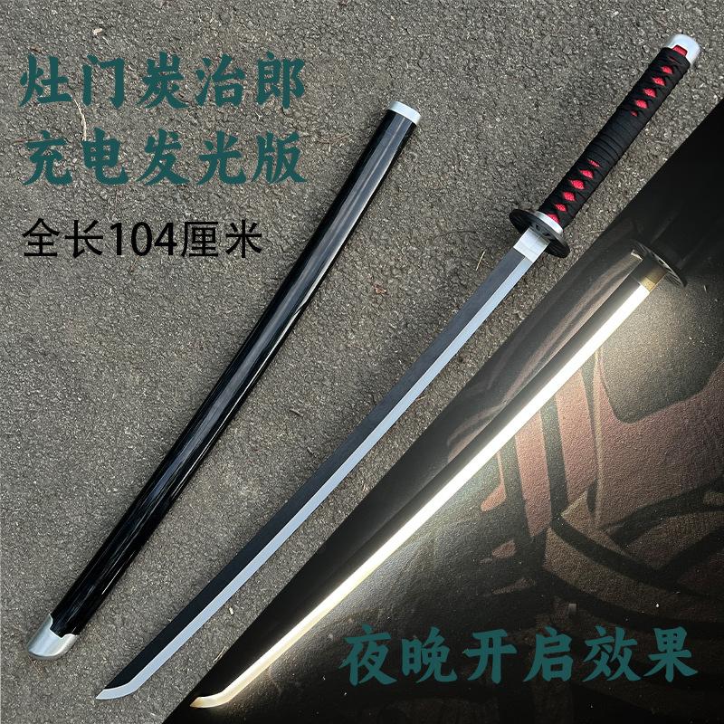 104cm Demon Slayer Wooden Knife with Light Tomioka Giyuu Glowing Katana Cosplay Kamado Tanjirou Katana with Sheath Boys Gifts