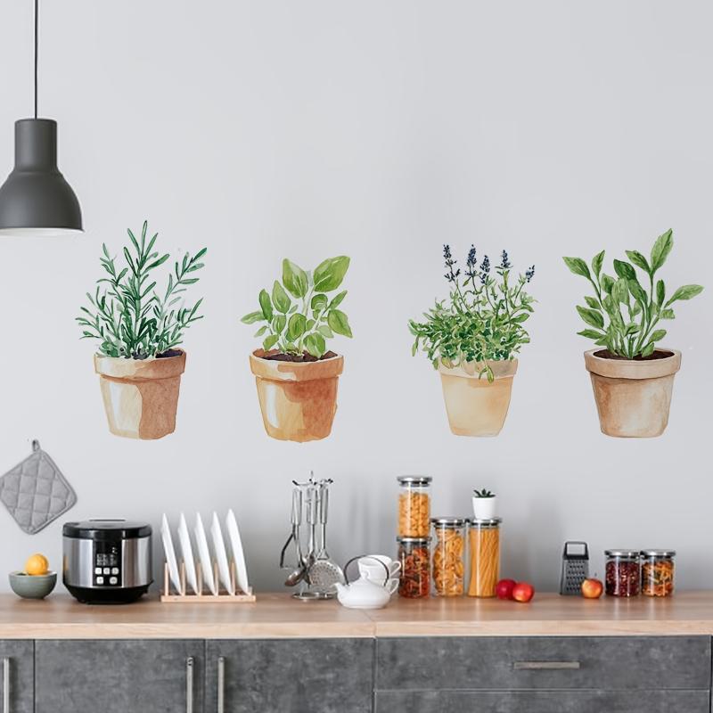 Removable Waterproof Herb Kitchen Wall Stickers Potted Basil Lavender Plant Decals for Housewarming Gift