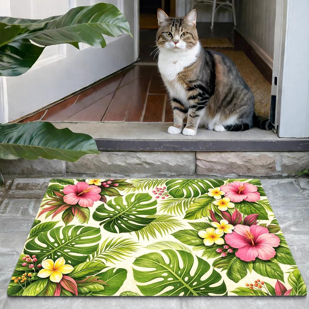 2D Flat Tropical Monstera Leaves Hibiscus Flowers Flannel Door Mat Non Slip Jungle Botanical Rug ForEntryway Bathroom FloorDecor