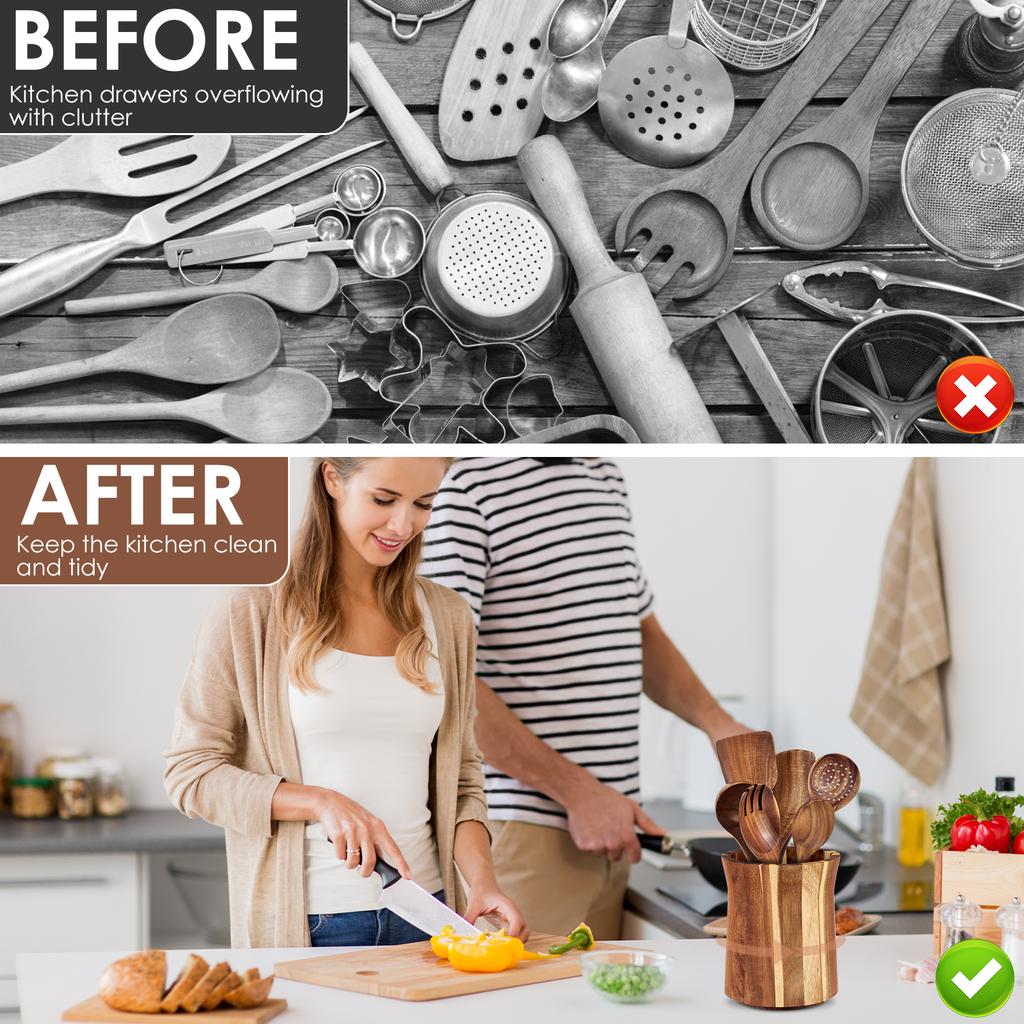 360° Rotating Utensil Holder Wood Kitchen Tableware Storage Holder Nonslip Countertop Organizer for Home Cooking Tool Organizer