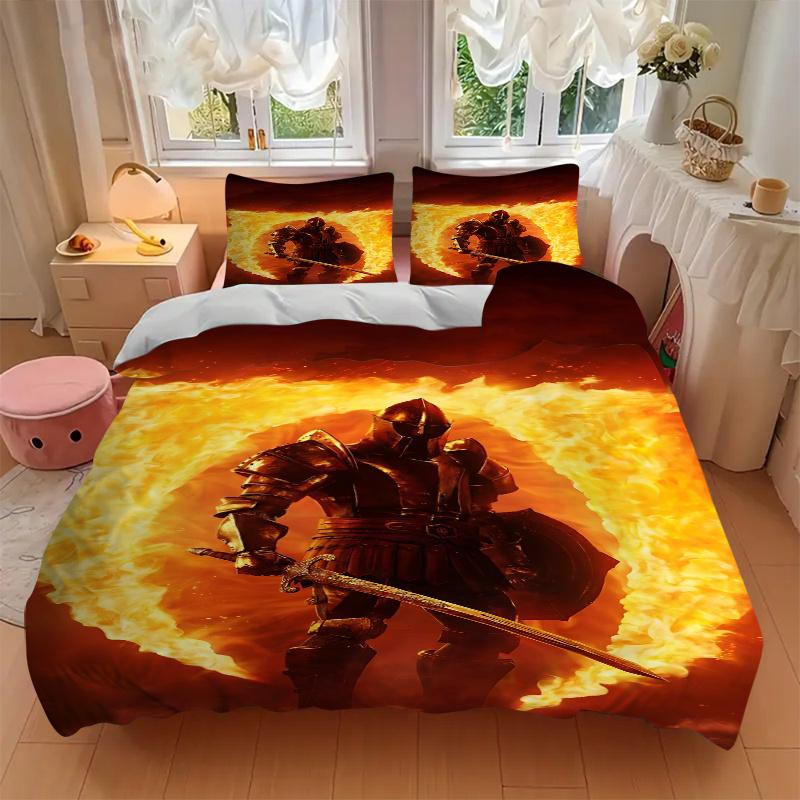 3pcs Flaming Armor Fantasy Warrior Home Decor Bedding Set-Perfect for Bedroom, Guest Room, Living Room, Hotel, Festive Gift, Fans, Travel, D