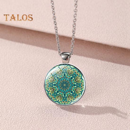 1 Set Women Jewelry Set Flower Print Glass Pendant Vintage Ethnic Style Prom Party Earrings Necklace Bracelet Combo Ideal Christmas Gift