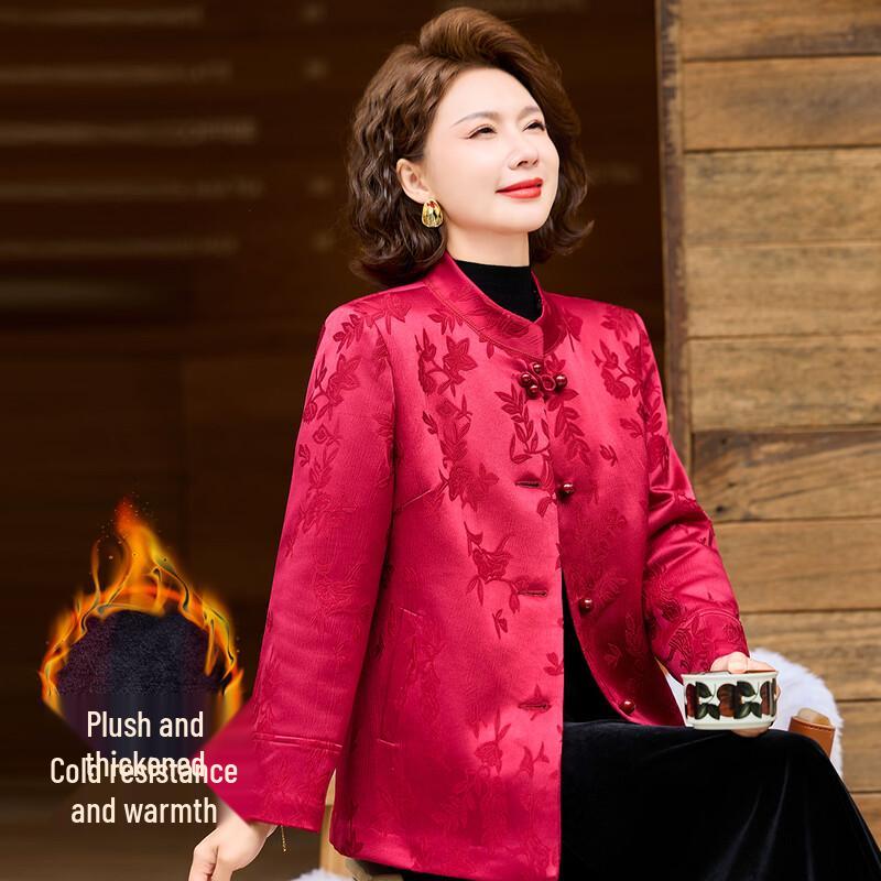 Women s Festive Red Fleece-Lined Chinese Tang Suit Jacket L