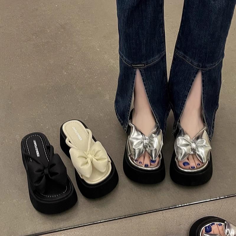 2025 Summer New Fairy Style Bow Gentle Platform Sandals Women Wear Fashionable Versatile One-word Cool Slippers