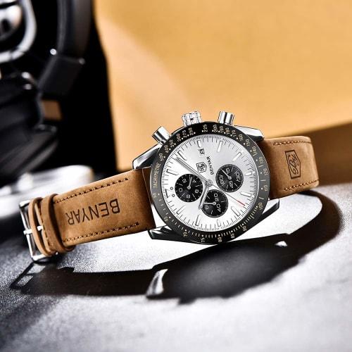 BENYAR AKNIGHT Watch Men's Stylish Watch Men's Watch Luminous Chronograph Fixed Bezel Analog Calendar Arm Watch Waterproof Japanese Quartz Watch Leath