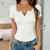 Women Tops Slim Fit Square Neck Rib Knitted Shirt Pure Color Short Sleeve Lace Splicing Stretchy Tops with Buttons Detail Daily Wear