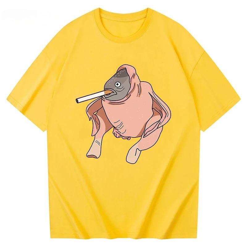 Fish Chicken Smoking A Cigarette Funny Tshirt Cartoon Printed Women Short Sleeve Round Neck Tops Womens TShirt Casual Clothing