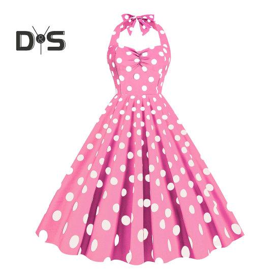 Women Vintage Dress 50s Retro A-line Big Swing Sleeveless Dot Print Contrast Color Elastic Bust Halter Neck High Tight Waist Backless Knee Length