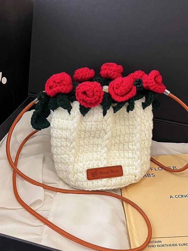 Water Bucket Bag For Women With Knitted Material And Rose Bouquet Design For Daily Use