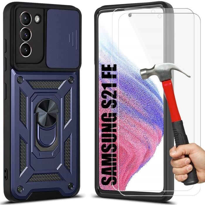 Pack de Protection - BOOLING - pour Samsung Galaxy S21 FE - 2 Verres Trempés - Coque Rigide - Antichoc Bleu Marine