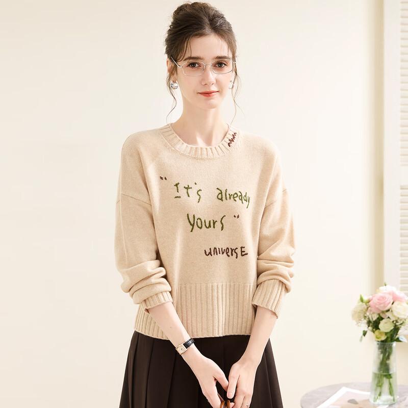 

TUHUANG Women s Pure Wool Letter Embroidered Round Neck Sweater L